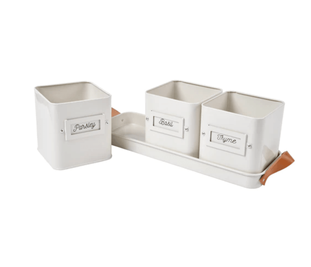 3 Herb Pots in Leather Handled Tray - Stone White - Casey & Company