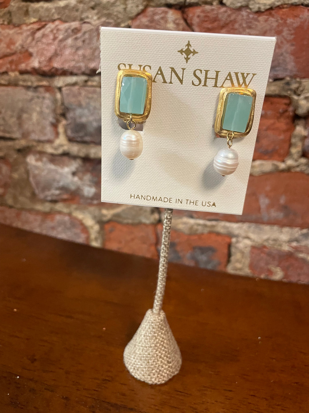 Handcast Gold Rectangle, Aqua & Freshwater Pearl Clip Earring