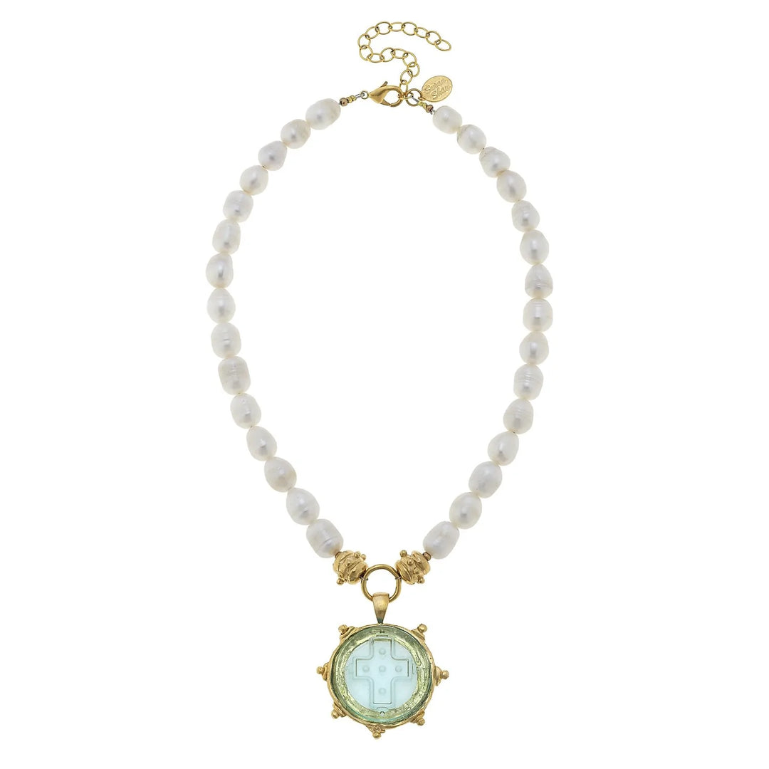 Venetian Glass Cross Intaglio Pearl Necklace - Casey & Company